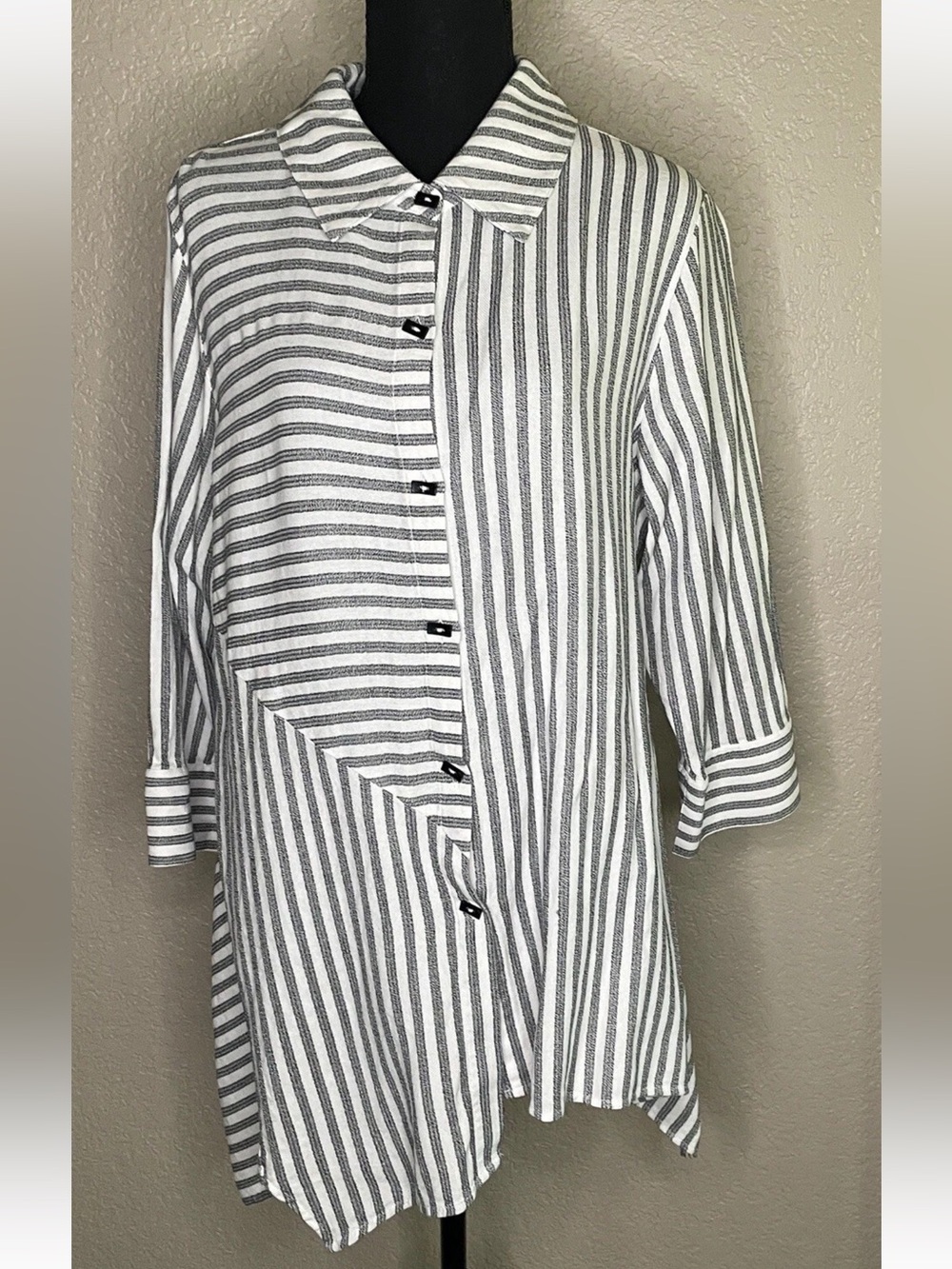 Soft Surroundings 2X White Heather Black Stripe Asymmetrical Cotton Blend Tunic
